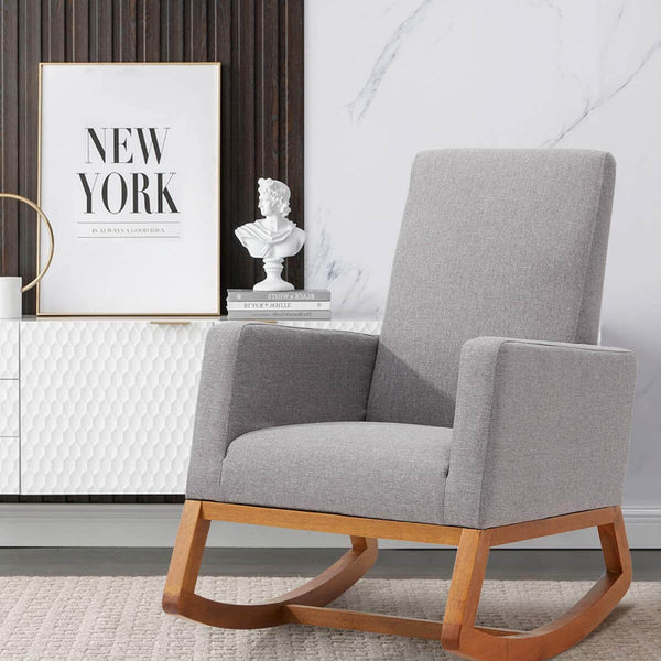 Rocking Chair Mid Century Accent Chair Glider Rocker, Seat Wood Base, High Back Linen Armchair, Gray