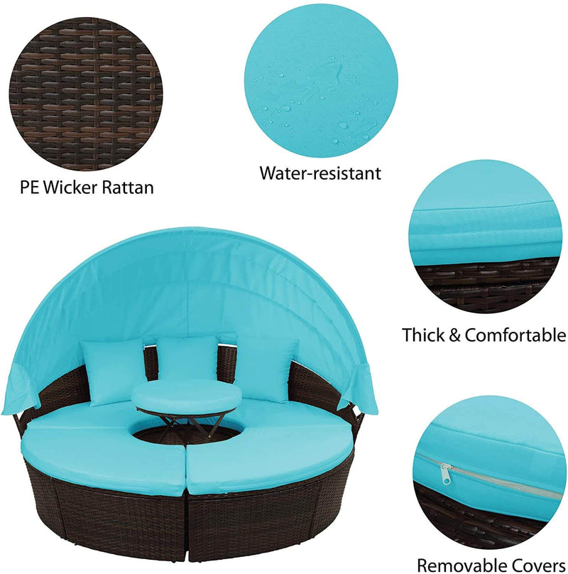 Patio Round Daybed Furniture Set with Retractable Canopy, Coffee Table & Waterproof Cushions, Outdoor Wicker Rattan Sectional Sofa Set, Blue