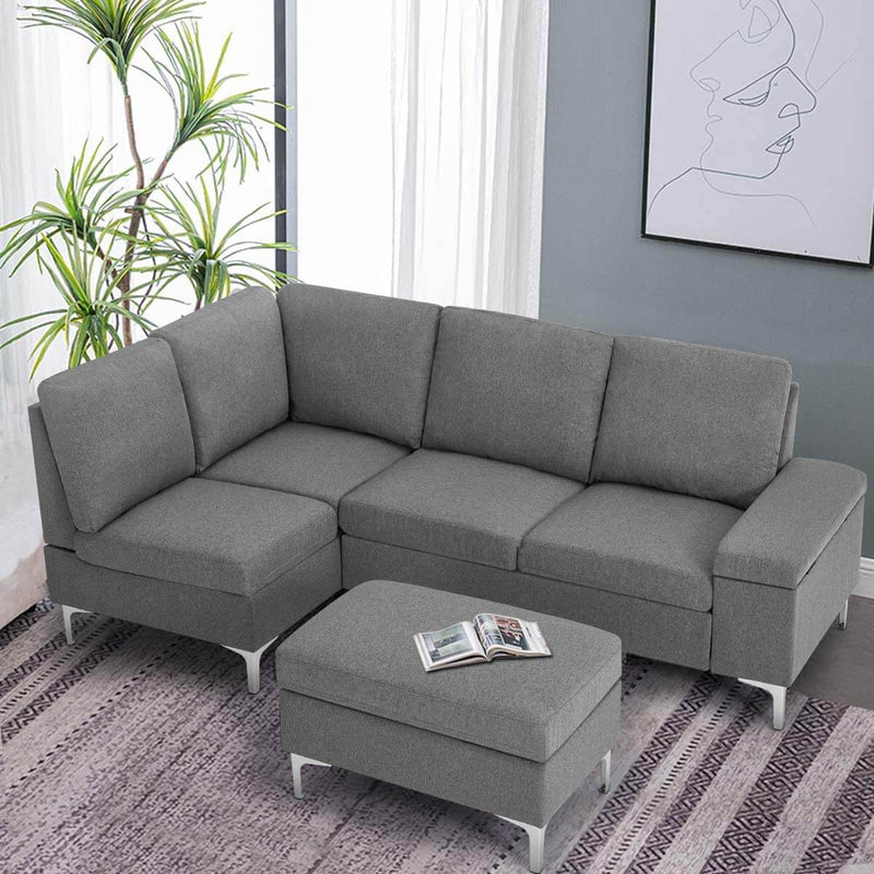 Convertible Sectional Sofa Couch with Ottoman, Sofa Armrest with Storage Function, L-Shaped Sofa with Gray Linen Fabric, for Living Room or Apartment (Left)
