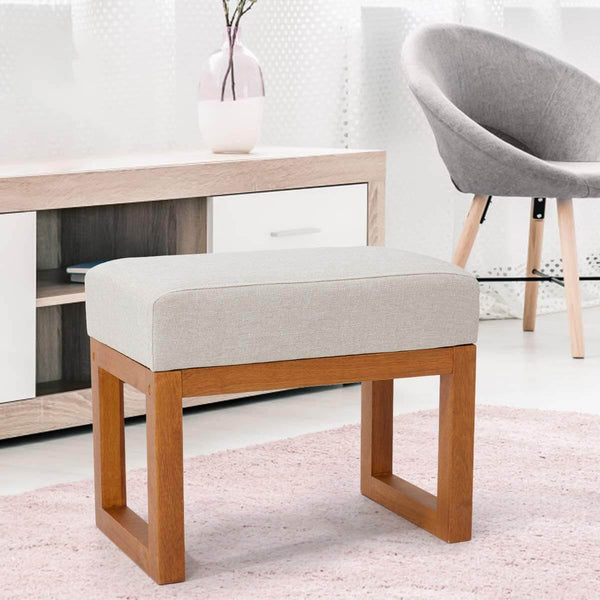 Home Ottoman, Modern Upholstered Bench, Linen Comfortable Foot Rest Stool, Mid Century Retro Footstool, Beige