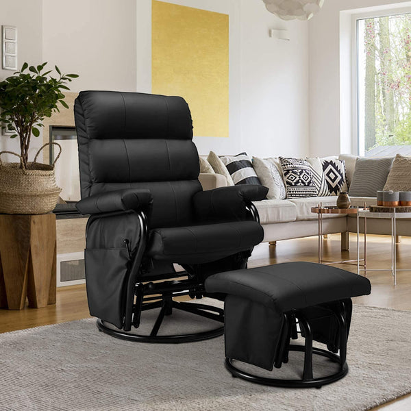 Glider Recliner with Ottoman, Swivel Glide Chair, Faux Leather Lounge Recliner with Footrest, Vibration Massage Lounge Chair with Side Pocket, Black