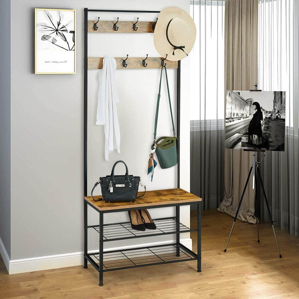 Industrial Coat Rack, Hall Tree Entryway Shoe Bench, Storage Shelf Organizer, Accent Furniture with Metal Frame