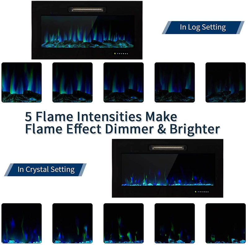 36" Recessed Mounted Electric Fireplace with Timer & Auto-shutoff, 750/1500W