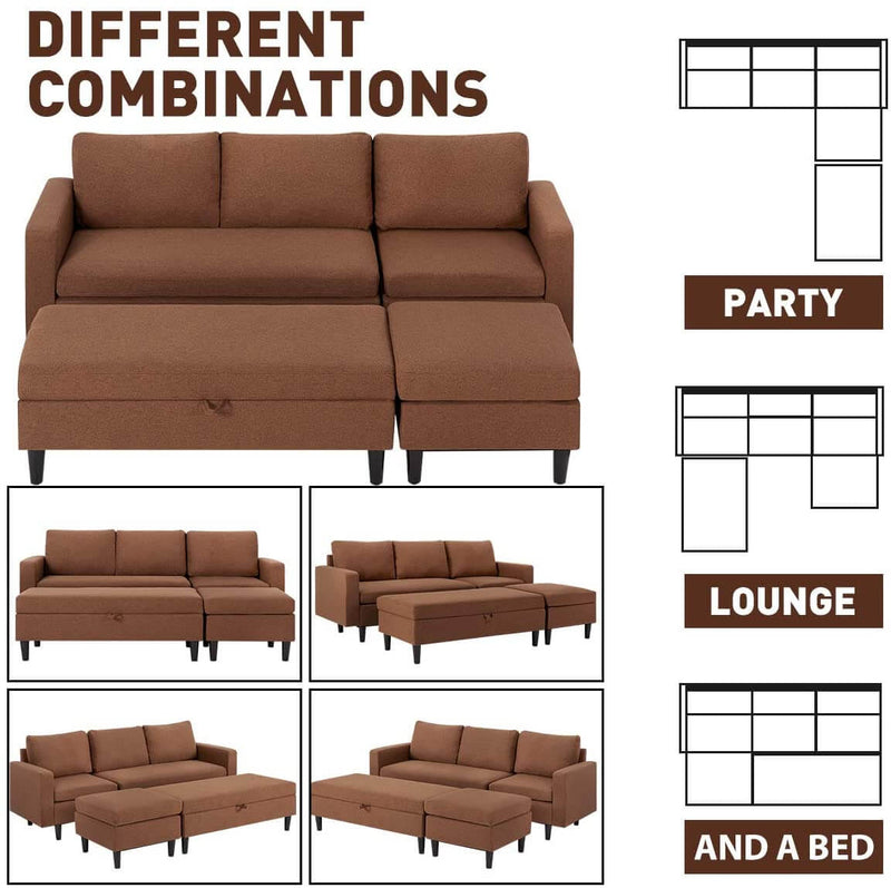 Sectional Sofa with Ottoman and Chaise Lounge, 3-Seat Living Room Furniture Sets, L-Shape Couch Sofa for Living Room, Brown