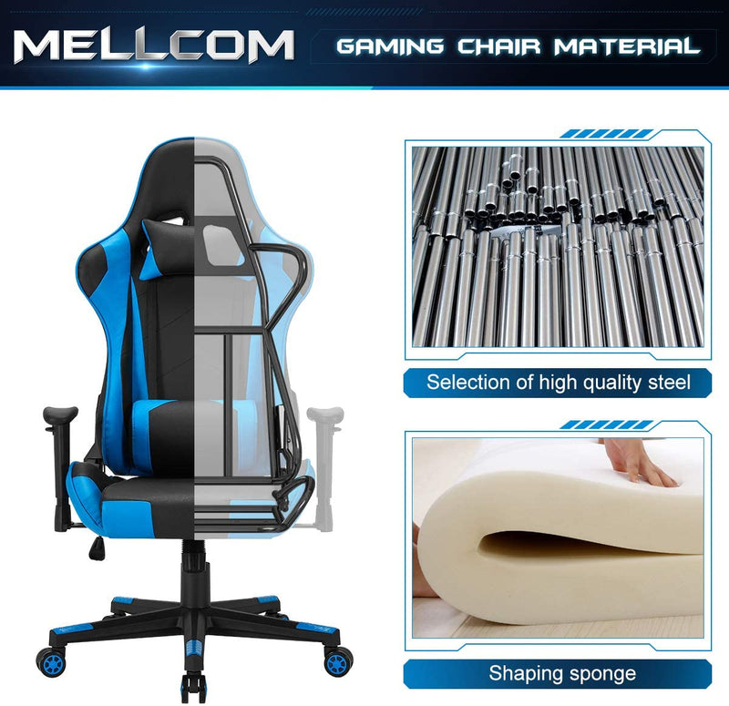 Gaming Chair Racing Office Chair, Ergonomic High Back Desk Chair Height Adjustment Swivel Rocker with Headrest and Lumbar Support Pillow (Blue)