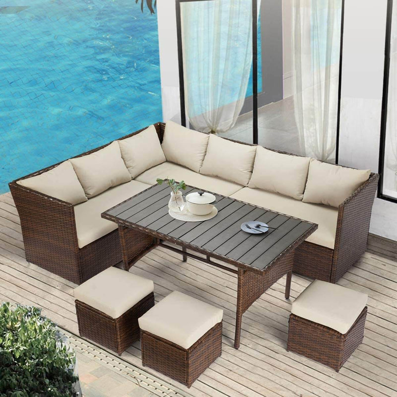 Outdoor Patio Sectional Furniture Set, 7 Pcs Outdoor Conversation Sets, Patio Dining Sets All Weather Wicker Sectional Sofa with Ottoman, Brown