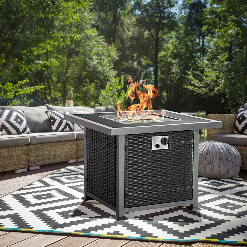 32'' Propane Gas Fire Pits Table, Auto-Ignition Gas Firepit with Glass Wind Guard, Black Tempered Glass Tabletop & Glass Rock, Black PE Rattan