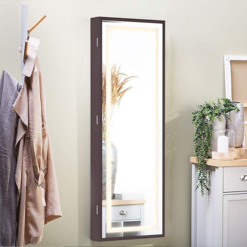 Wall Jewelry Armoire, Jewelry Cabinet with Full Length Mirror, 3 Different Brightness LED Light & Lockable Design, Brown