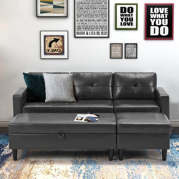 Small Faux Leather Sectional Sofa with Storage Ottoman and Chaise Lounge, 3-Seat Living Room Furniture Sets for Small Apartment, Dark Gray