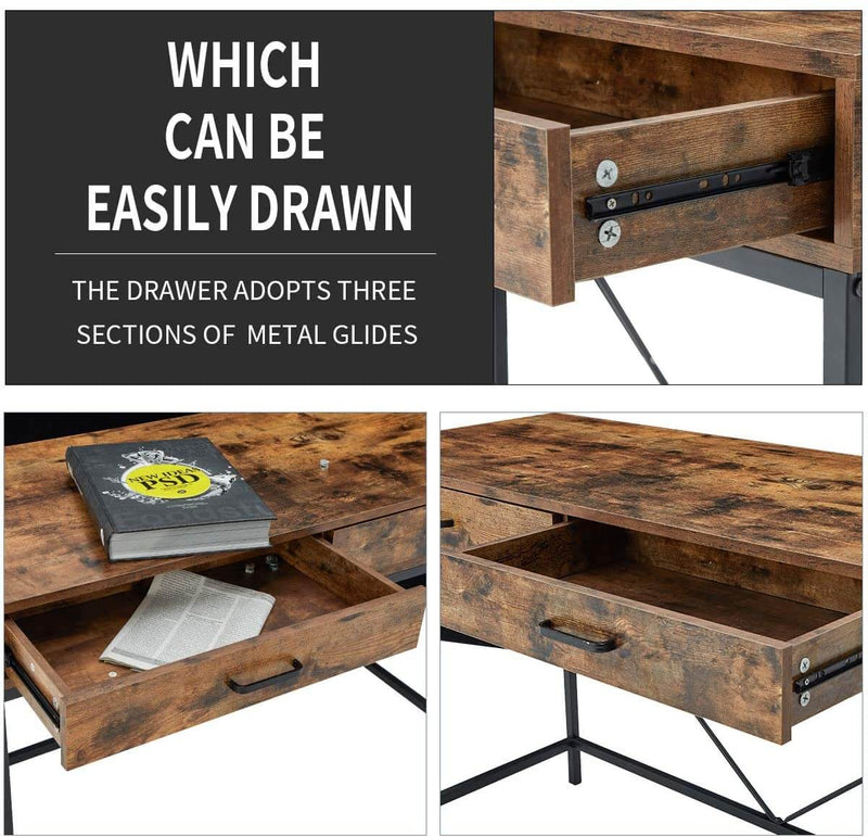 Industrial Computer Desk, Writing Study Table with 2 Drawers,Notebook PC Workstation,Wood Desktop Black Steel Frame, for Home,Office
