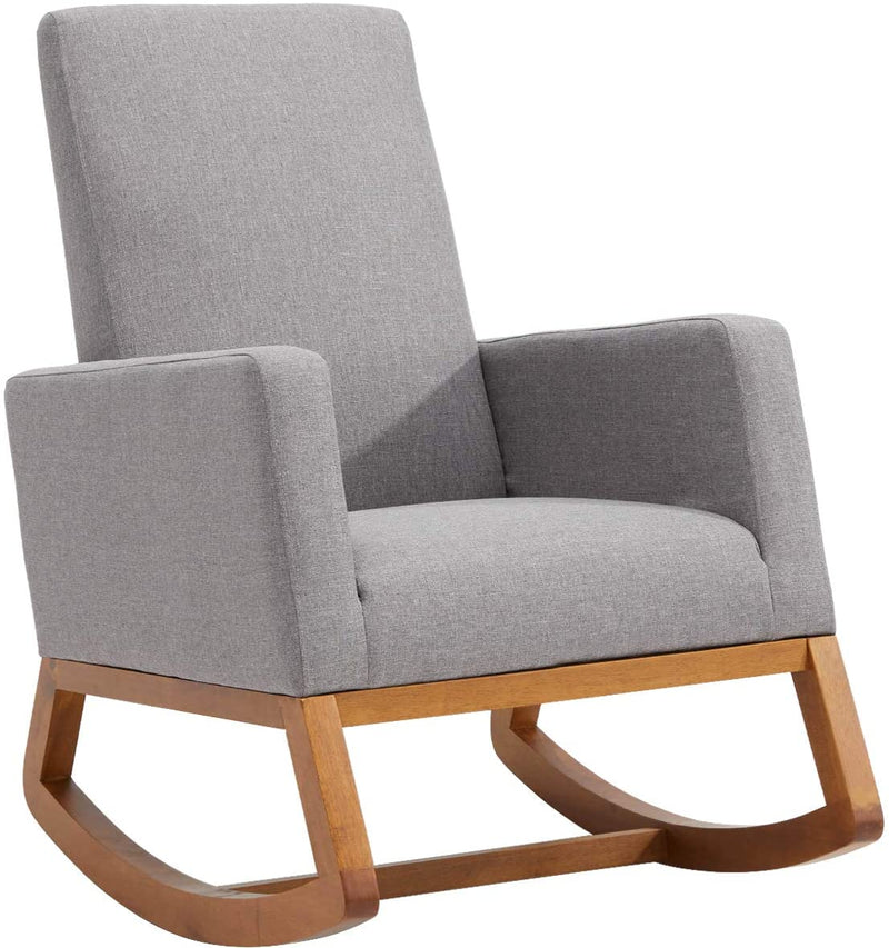 Rocking Chair Mid Century Accent Chair Glider Rocker, Seat Wood Base, High Back Linen Armchair, Gray