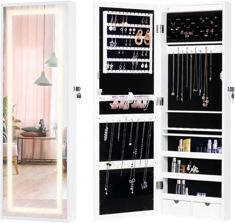Wall Jewelry Armoire, Jewelry Cabinet with Full Length Mirror, 3 Different Brightness LED Light & Lockable Design, White