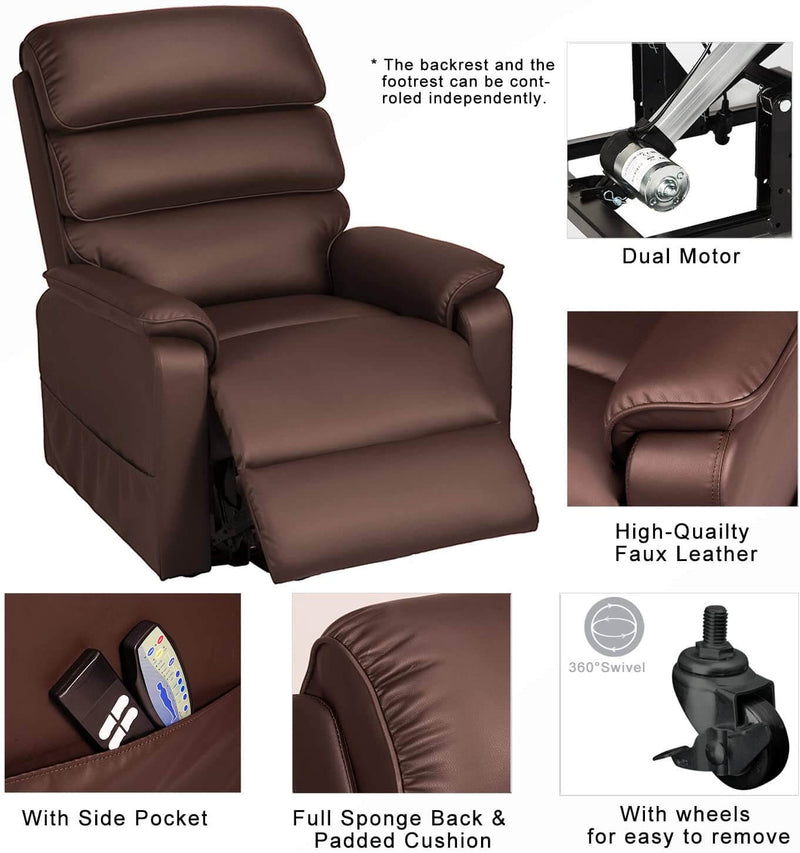 Dual Motor Electric Power Recliner Lift Chair, Linen Fabric Electric Recliner for Elderly, Heated Vibration Massage Sofa with Side Pockets & Remote Control, Red Brown