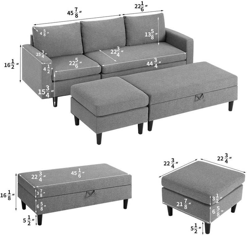 Gray Sectional Sofa with Ottoman and Chaise Lounge, 3-Seat Living Room Furniture Sets, L-Shape Couch Sofa for Living Room