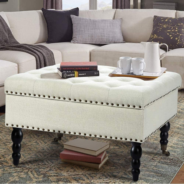 29" Square Tufted Button Storage Ottoman Table Bench with Rolling Wheels Nailhead Trim Linen Fabric Foot Rest Stool/Seat for Bedroom, living Room and Hallway (Beige)