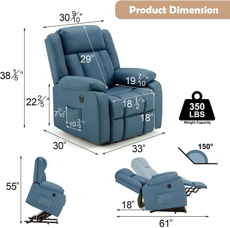 Power Lift Recliner Chair with Massage & Heat, Linen Fabric Electric Recliner Lift Chair with 2 Side Pockets & USB Port (Peacock Blue)