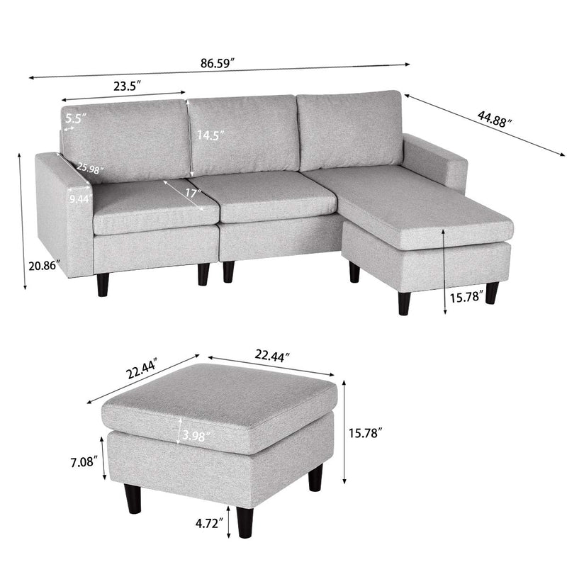 Convertible Sectional L-Shaped Sofa Couch with Modern Linen Fabric Light Grey