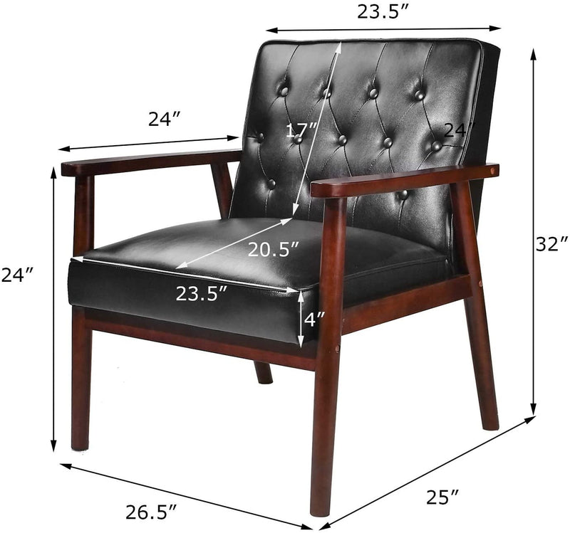 Mid-Century Accent Chair Retro Faux Leather Upholstered Wooden Lounge Chair Black Set