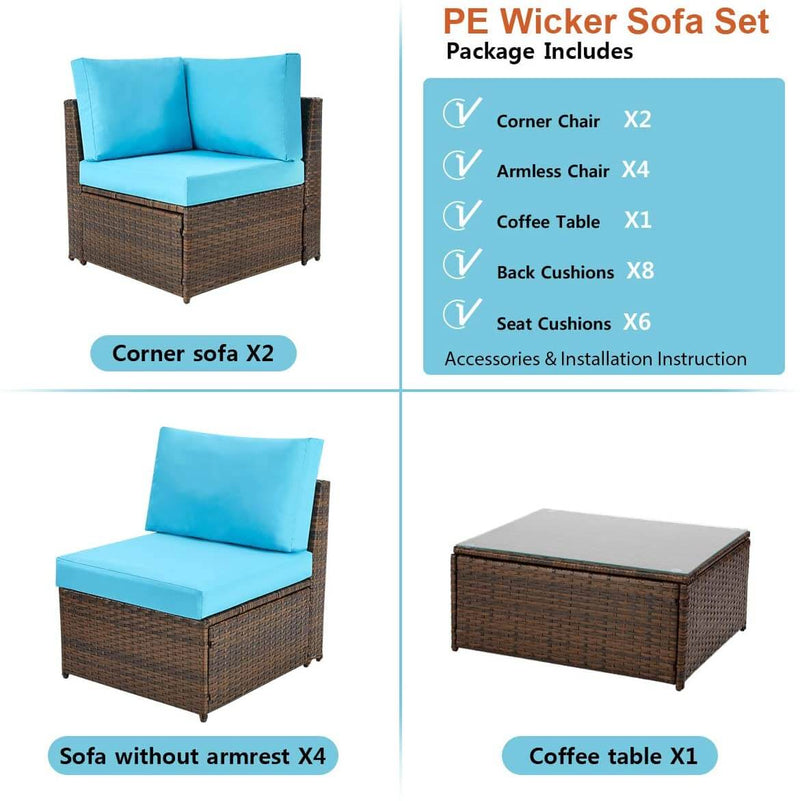 7 Pcs Patio Furniture Set, Wicker Rattan Conversation Sets, Outdoor Small Sectional Sofa Set, Blue Cushion