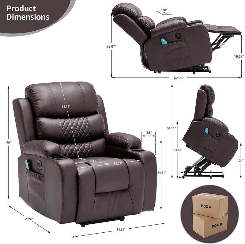Power Lift Recliner Chair with Heated & Vibration Massage for Elderly, PU Leather Electric Recliner Sofa with Diamond Lattice Backrest Design(Brown)