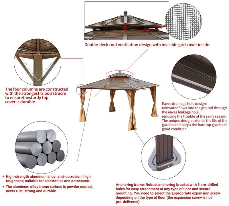 12'x12' Hardtop Gazebo Canopy Galvanized Steel Pergolas with Netting & Curtains