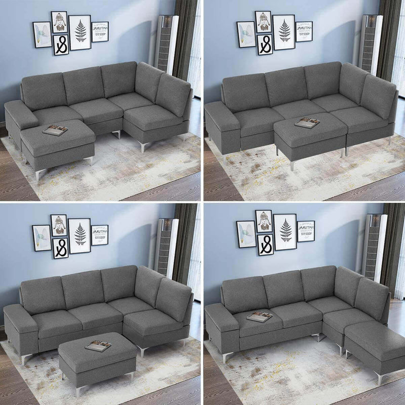 Convertible Sectional Sofa Couch with Ottoman, Sofa Armrest with Storage Function, L-Shaped Sofa with Gray Linen Fabric, for Living Room or Apartment (Right)