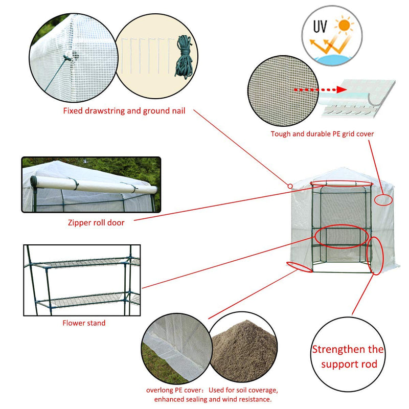 7.5FT Portable Greenhouse 3-Tier Shelf Hexagonal Walk-in Green House Kit,Plant Hot House, White