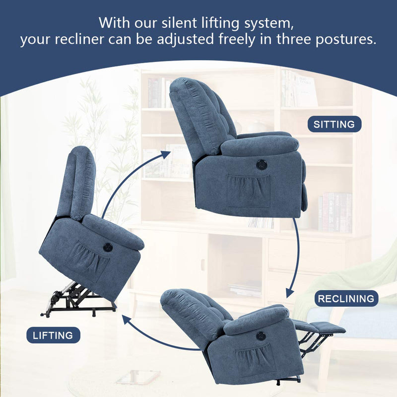 Power Lift Microfiber Electric Recliner Chair with Heated Vibration Massage Sofa Fabric Living Room Chair with Side Pockets, USB Charge Port & Massage Remote Control, Blue