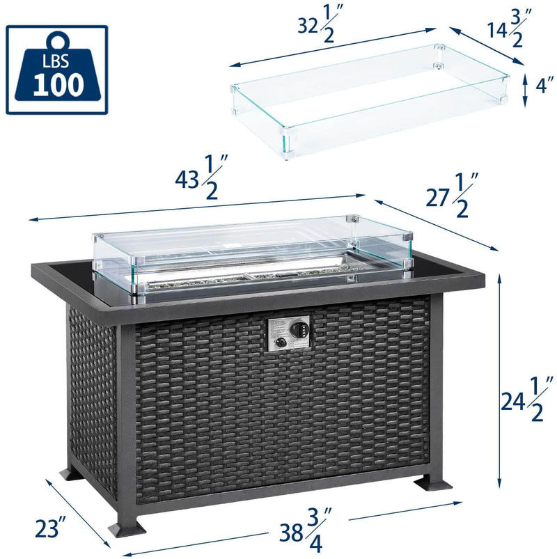 44in Propane Gas Fire Pit Table, Auto-Ignition Gas Firepit with Glass Windguard, Black Tempered Glass Tabletop & Glass Stone, Black Rattan