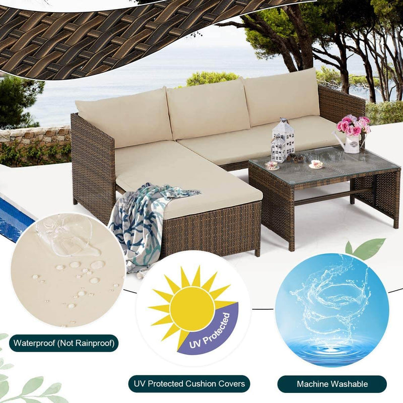 3 Pcs Outdoor Rattan Sofa Set, Patio Garden Furniture Set with Lounge Chaise, Coffee Table, Brown