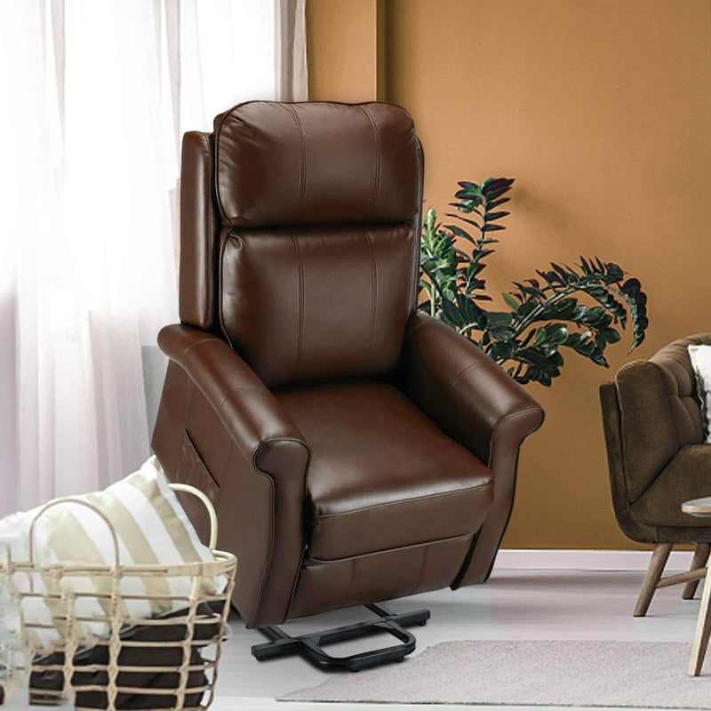 Electric Power Lift Recliner Chair, Faux Leather Electric Recliner for Elderly with Heated Vibration Massage, Side Pocket & Remote Control, Brown