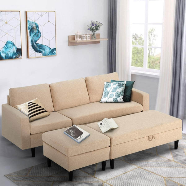 Sectional Sofa with Ottoman and Chaise Lounge, 3-Seat Living Room Furniture Sets, L-Shape Couch Sofa for Living Room, Light Beige