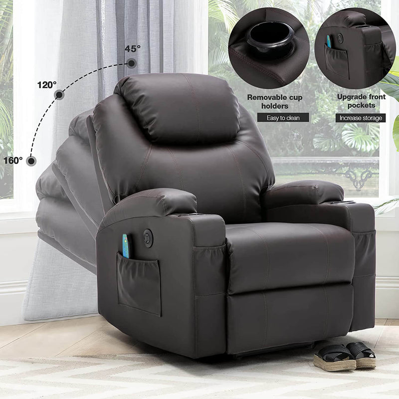 Power Lift Recliner Chair with Massage & Heat for Elderly, Leather Electric Recliner with 4 Side Pockets, Cup Holders & USB Port (Brown)