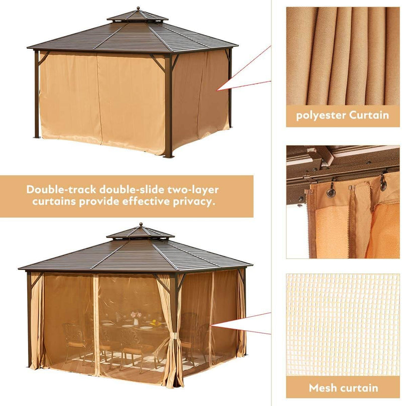 12'x12' Hardtop Gazebo Canopy Galvanized Steel Pergolas with Netting & Curtains