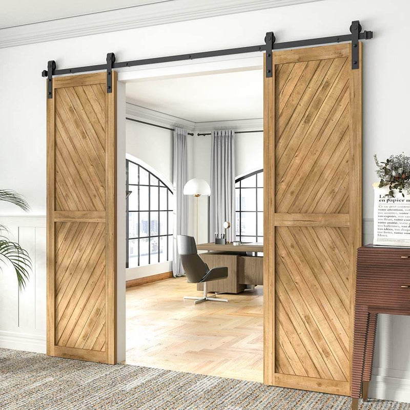 8FT Double Barn Door Hardware J Shape Carbon Steel Bi-parting System 96inch