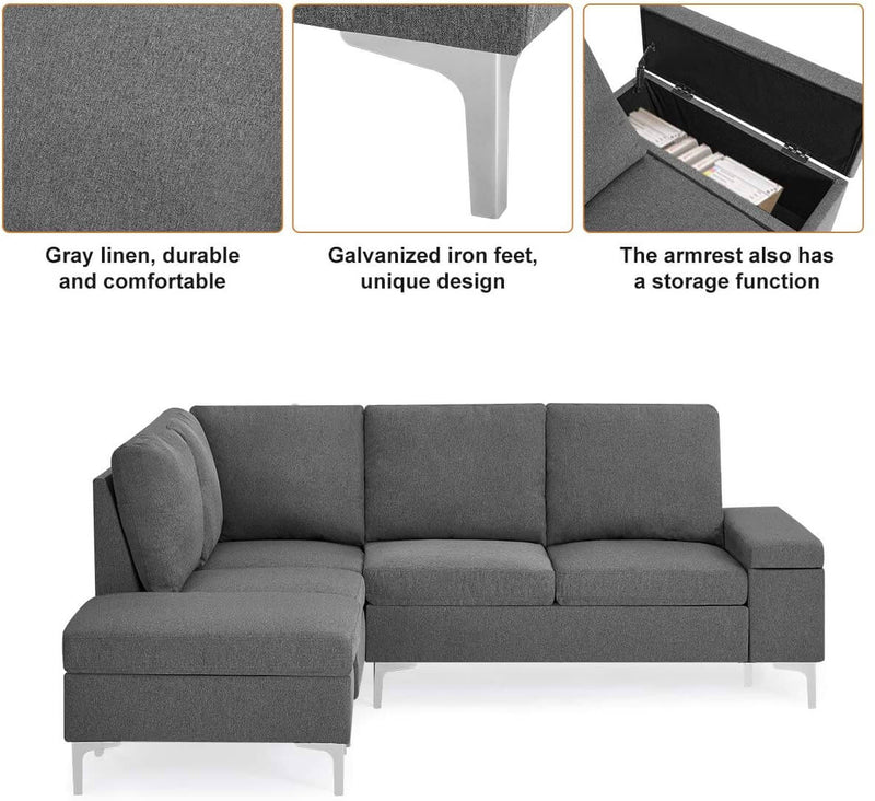 Convertible Sectional Sofa Couch with Ottoman, Sofa Armrest with Storage Function, L-Shaped Sofa with Gray Linen Fabric, for Living Room or Apartment (Left)