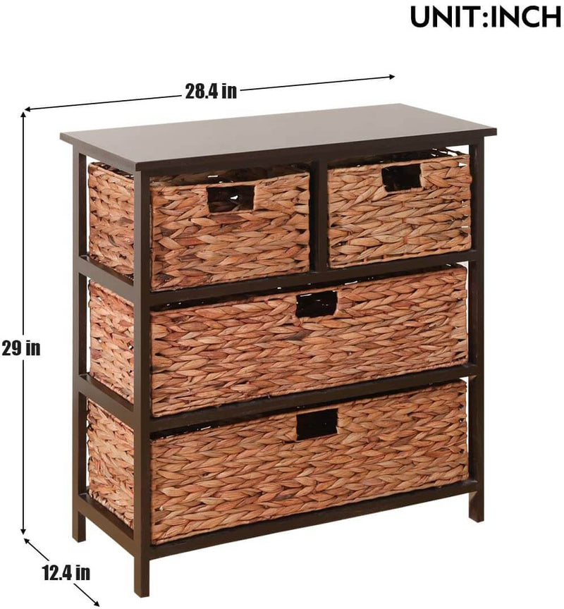 3 Tier with 4 Rattan Wicker Basket Storage Tower, Water Hyacinth Storage Tower Beside Table Storage Organizer End Table for Bathroom
