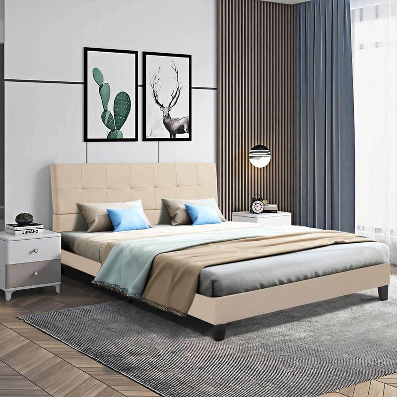 Platform Bed Frame, Queen Size Linen Fabric Bed Frame with Wood Slats Support, Upholstered Platform Bed Mattress Foundation,Easy Assembly (Queen Size/Beige)