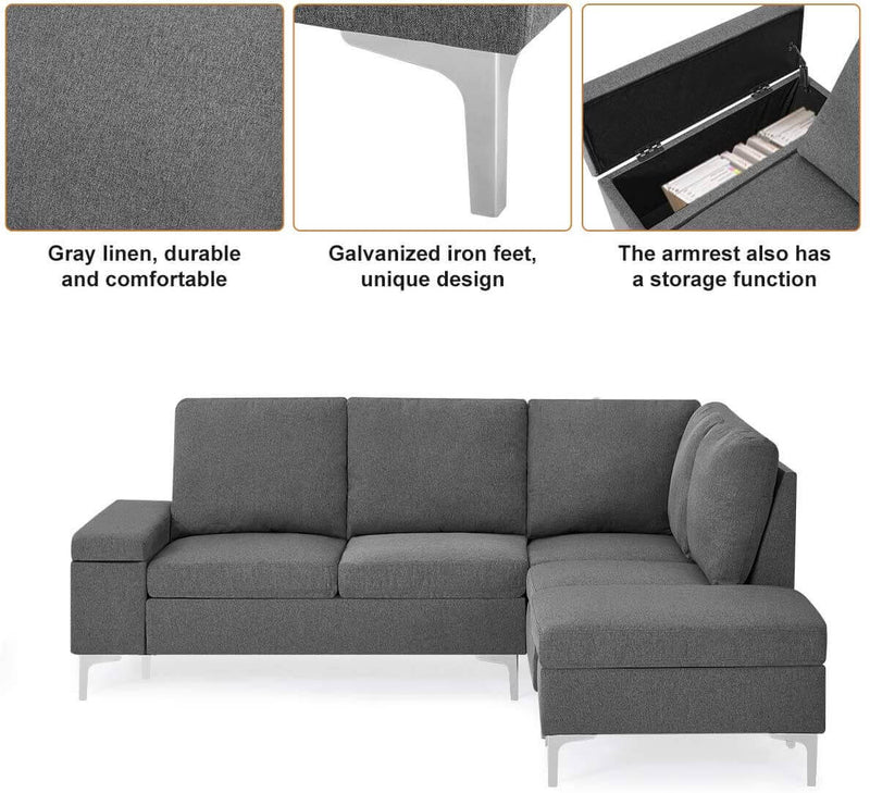 Convertible Sectional Sofa Couch with Ottoman, Sofa Armrest with Storage Function, L-Shaped Sofa with Gray Linen Fabric, for Living Room or Apartment (Right)