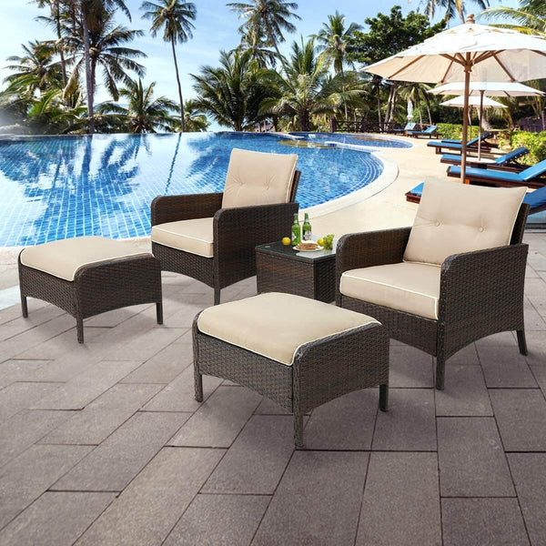 5 Pcs Patio Furniture Set, Brown PE Wicker Rattan Conversation Lounge Set with Ottoman, White & Tan Cushion