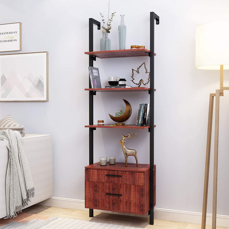 Wall Mounted Industrial 3-Tier Bookshelf with 2 Wood Drawers & Matte Steel Frame Ladder Shelf Bookcase, Black