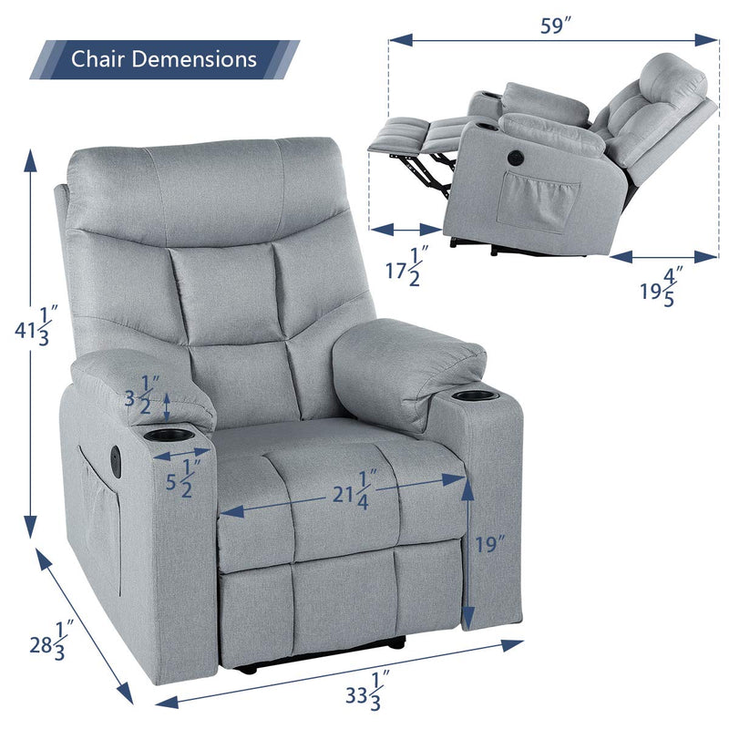 Power Lift Chair Electric Recliner for Elderly Heated Vibration Fabric Sofa Living Room Chair with 2 Side Pockets and Cup Holders, USB Charge Port & Remote Control, Gray