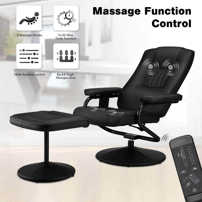 Recliner Chair and Ottoman, 360 Degrees Swivel Ergonomic Faux Leather Lounge Recliner with Footrest, Vibration Massage Lounge Chair with Side Pocket, Black