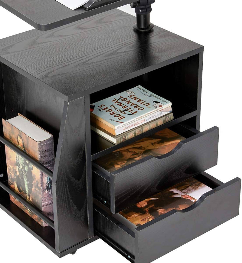 Bedside Table Height Adjustable End Table,Wooden Nightstand with Swivel Top,Storage Drawers & Universal Wheels, Black