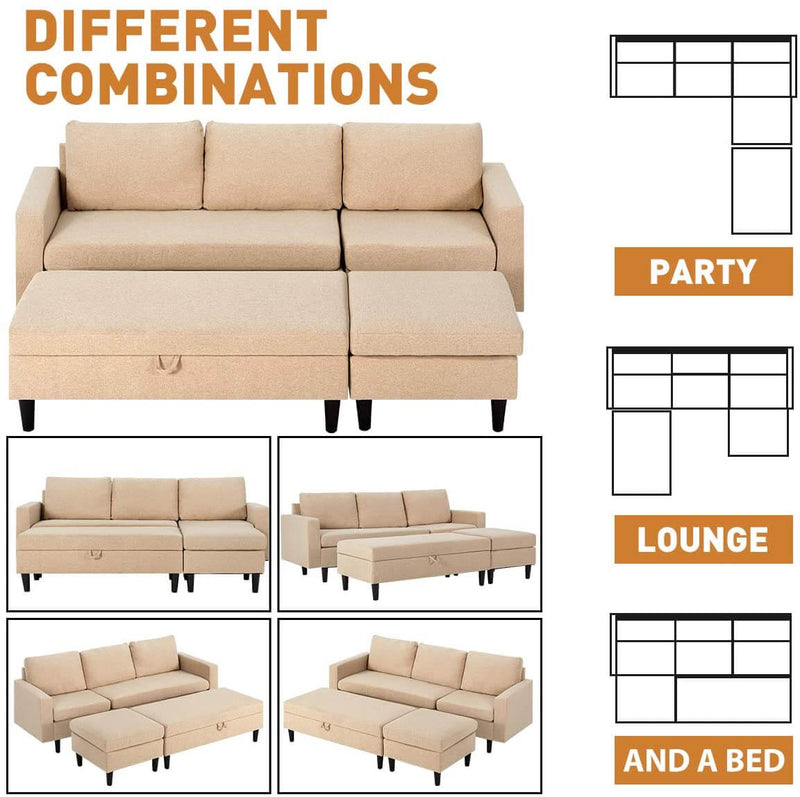 Sectional Sofa with Ottoman and Chaise Lounge, 3-Seat Living Room Furniture Sets, L-Shape Couch Sofa for Living Room, Light Beige