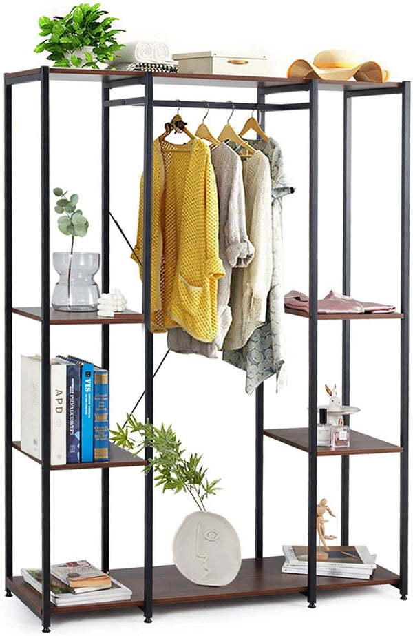 Garment Rack Freestanding Heavy Duty Closet Organizer Wardrobe Wood Clothing Shelves w/ Hanging Rod, Extra Large Armoire Storage Metal Clothing Rack