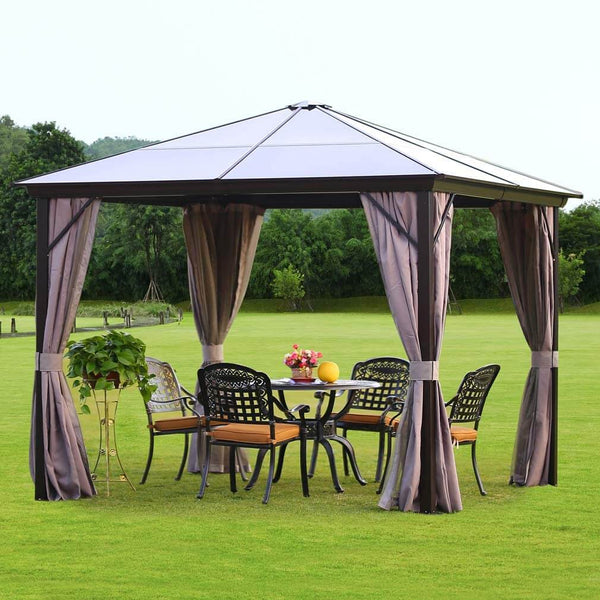 Patio Gazebo Hardtop Gazebo, 10’x10’ Aluminum Frame Gazebo with Mosquito Netting & Curtains for Backyard