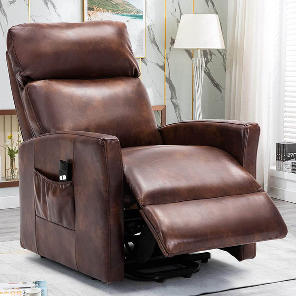 Lift Recliner Chair, Overstuffed Lift Chairs for Elderly with Remote, 3 Position & Side Pocket, Power Reclining Chair for Living Room, Faux Leather, Red Brown