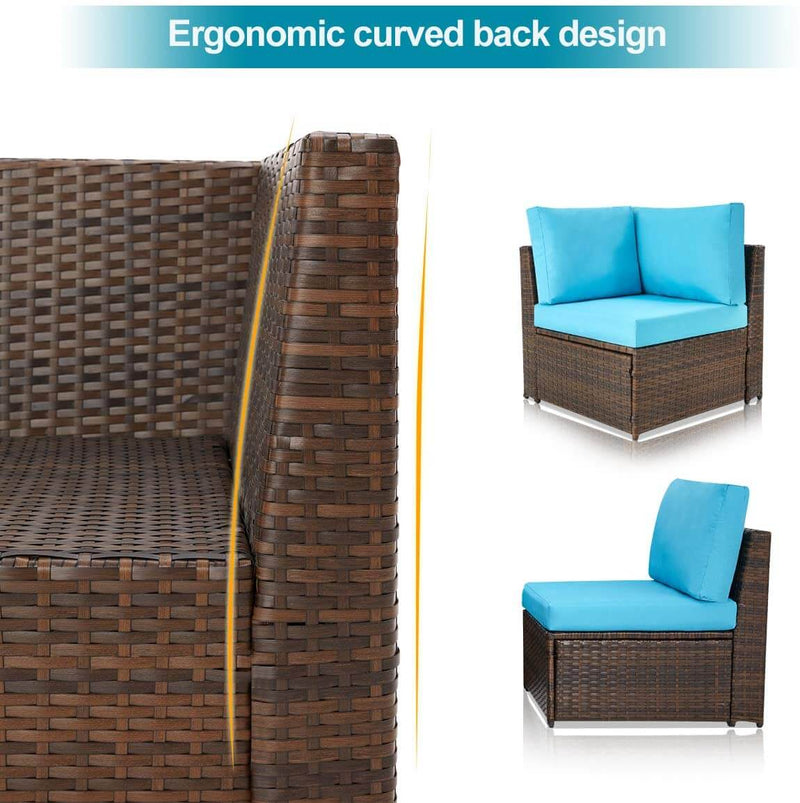 7 Pcs Patio Furniture Set, Wicker Rattan Conversation Sets, Outdoor Small Sectional Sofa Set, Blue Cushion