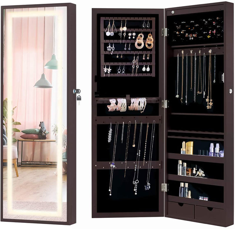 Wall Jewelry Armoire, Jewelry Cabinet with Full Length Mirror, 3 Different Brightness LED Light & Lockable Design, Brown